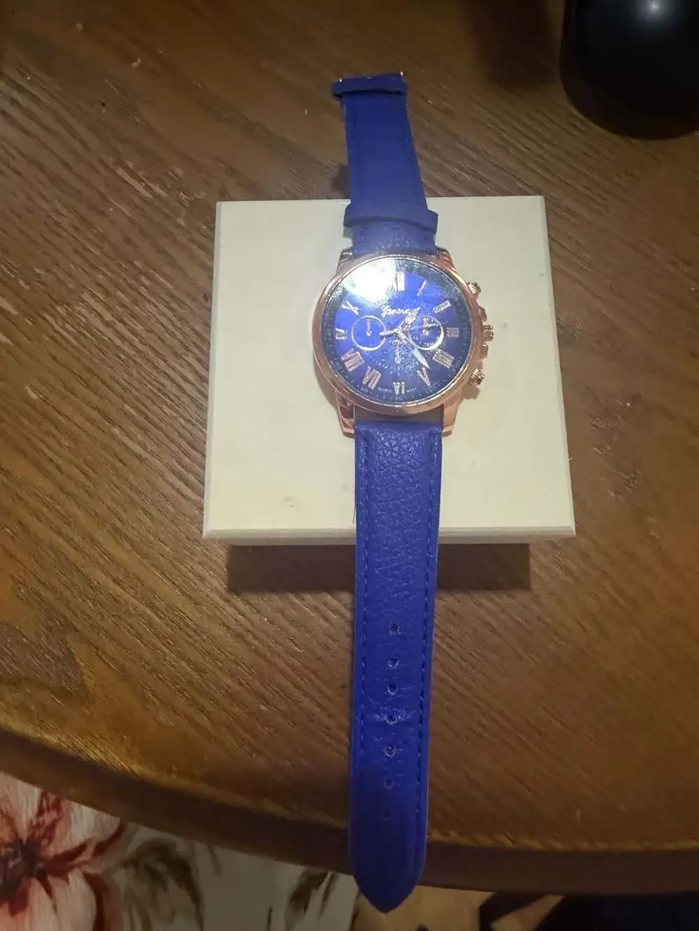 Geneva Roman Numeral Quartz Watch with Blue Leather Strap and Rose Gold Case
